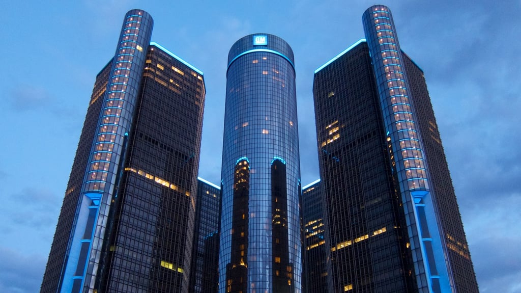 Detroit’s Renaissance Center illuminated at night