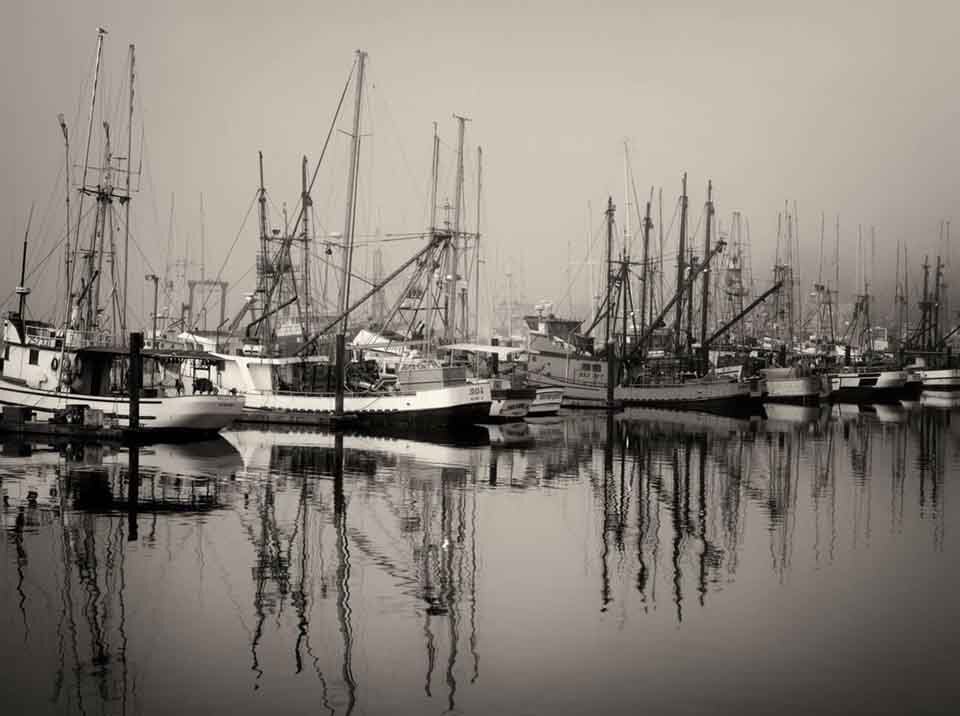 Fishing boats with fog at Newport Harbor