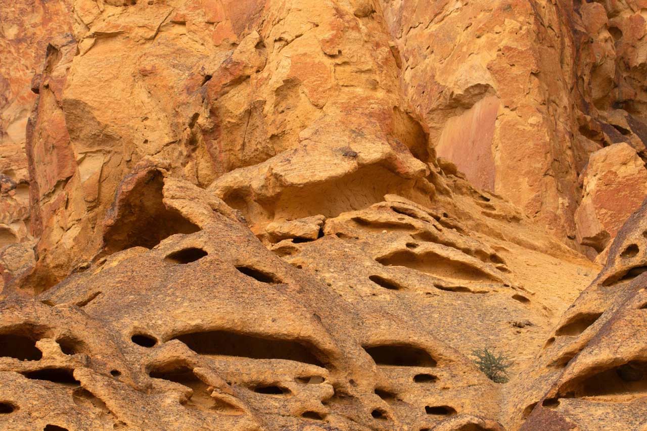 Rhyolite rock formations eroded into honeycomb shapes