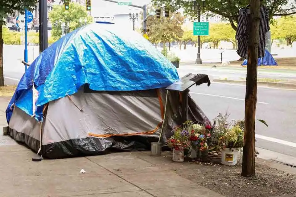 Homeless person tent downtown Portland Oregon