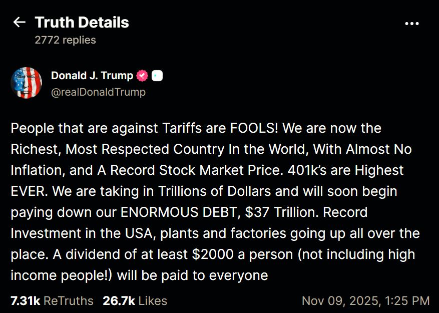 Truth social post by Donald J Trump