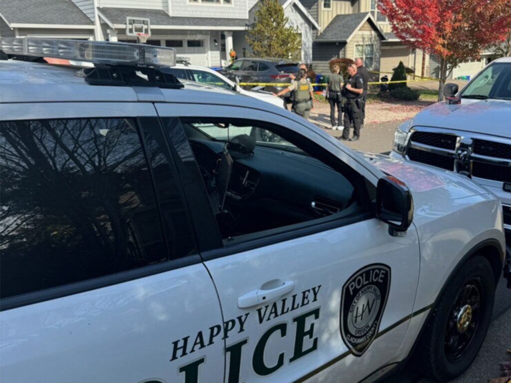 Happy Valley police vehicle at the homicide investigation scene