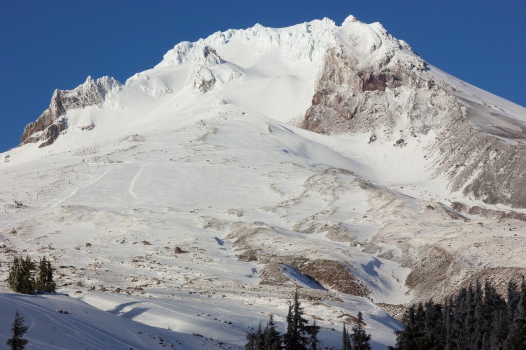 Snow-covered upper slopes of Mount Hood seen from Timberline